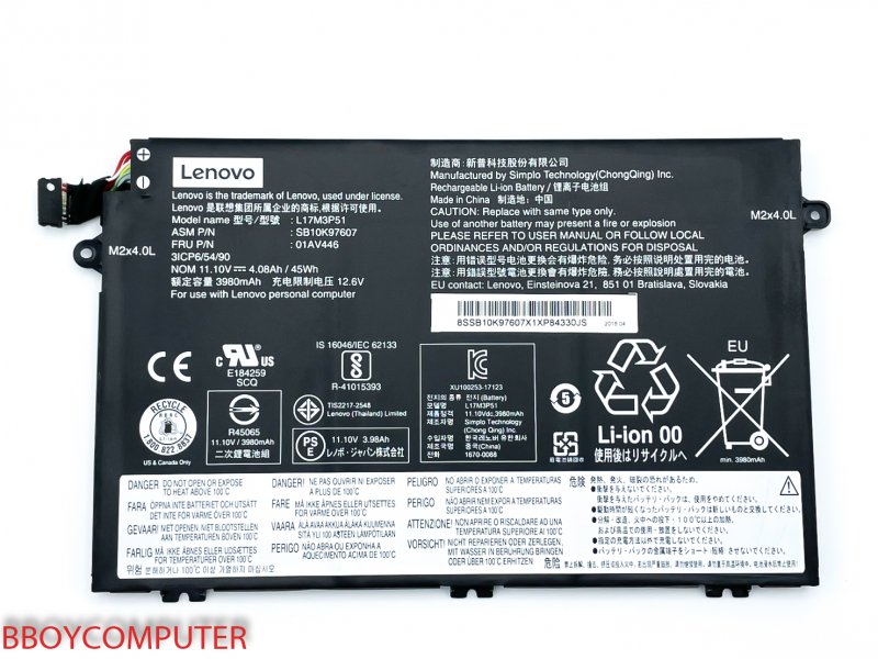 LENOVO Battery แบตเตอรี่แท้ LENOVO ThinkPad L17M3P51 E480 E485 E495 E580 E585 E490 E590 E595 L17L3P51 L17M3P52 SB10K97608 thinkpad E14 E15 - Type 20RA, 20RB,20RD  